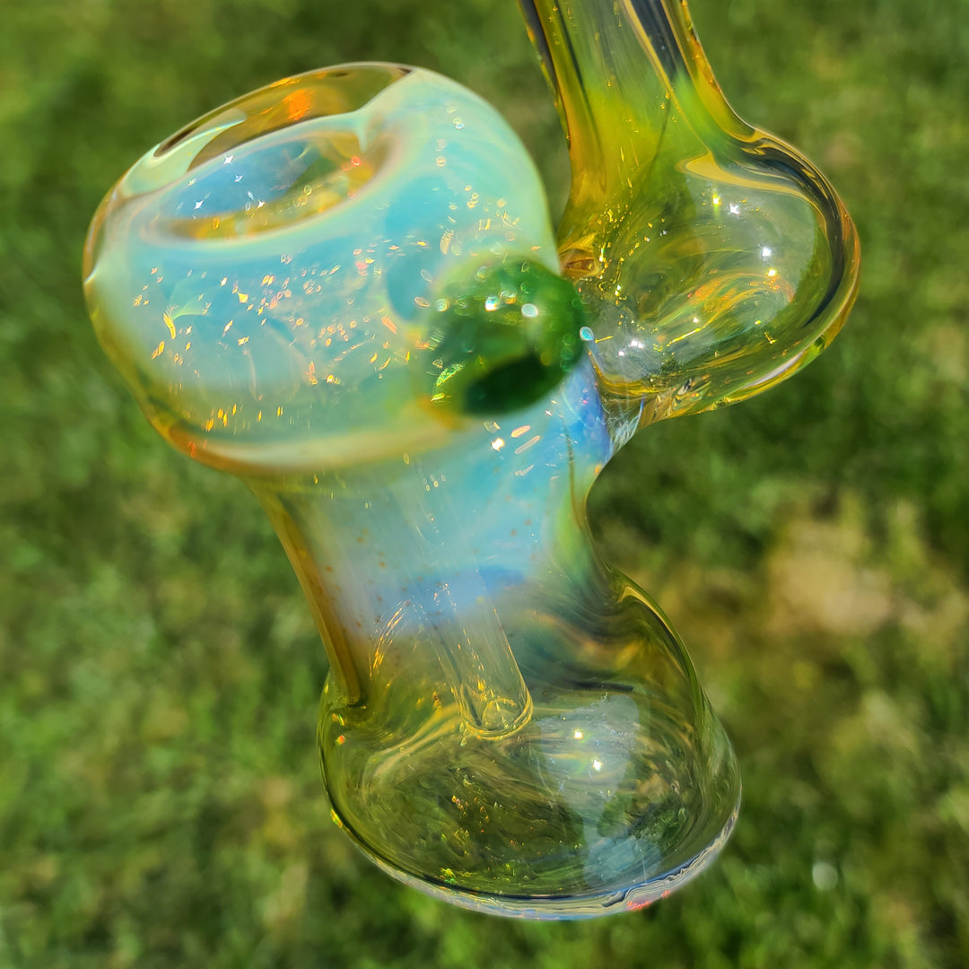 Gold Fumed Bubbler with Green Carb Glass Pipe Cose Glass   