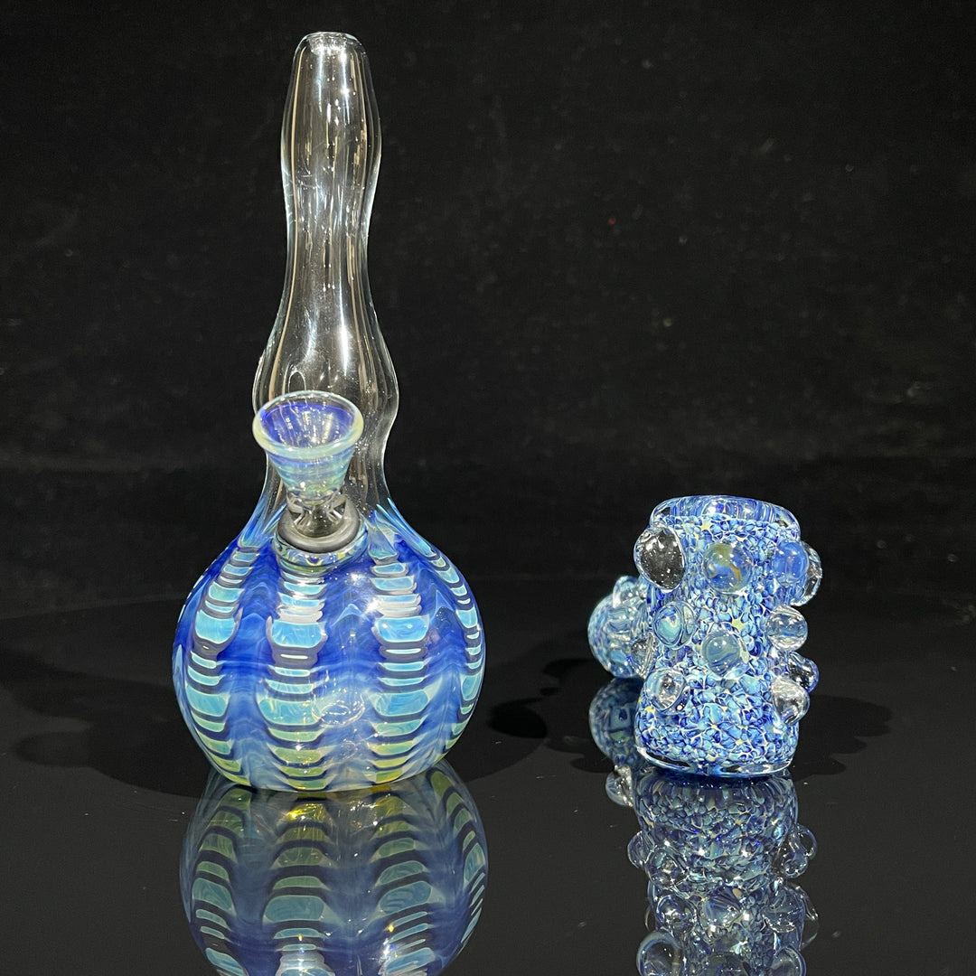 5" Fumed Color Rake Mini Bong + Ocean Blue Marble Hammer Combo Glass Pipe Mary Jane's Glass