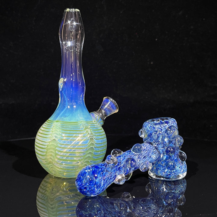 5" Fumed Color Rake Mini Bong + Ocean Blue Marble Hammer Combo Glass Pipe Mary Jane's Glass