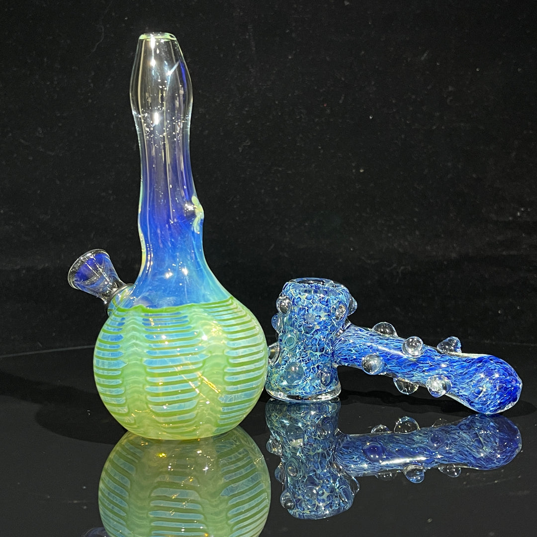 5" Fumed Color Rake Mini Bong + Ocean Blue Marble Hammer Combo Glass Pipe Mary Jane's Glass