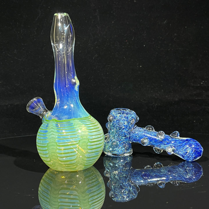 5" Fumed Color Rake Mini Bong + Ocean Blue Marble Hammer Combo Glass Pipe Mary Jane's Glass