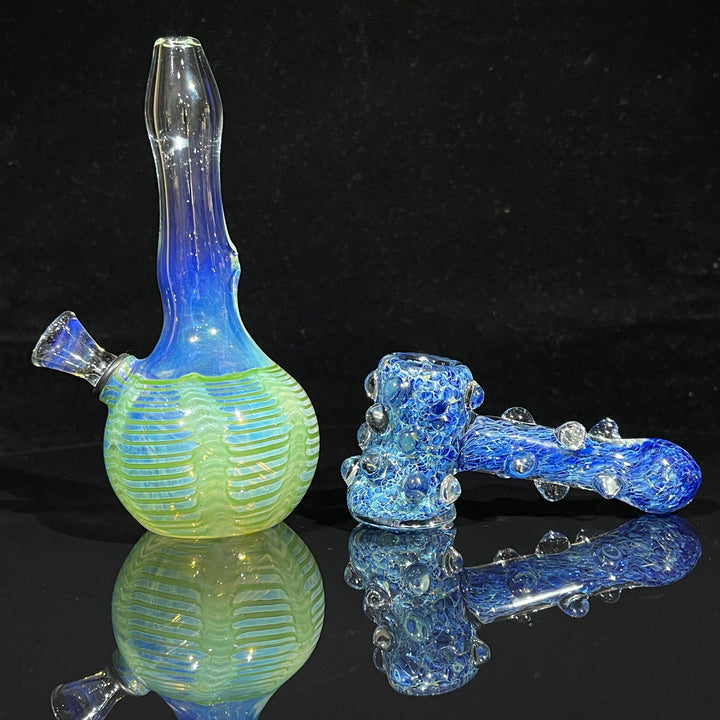 5" Fumed Color Rake Mini Bong + Ocean Blue Marble Hammer Combo Glass Pipe Mary Jane's Glass