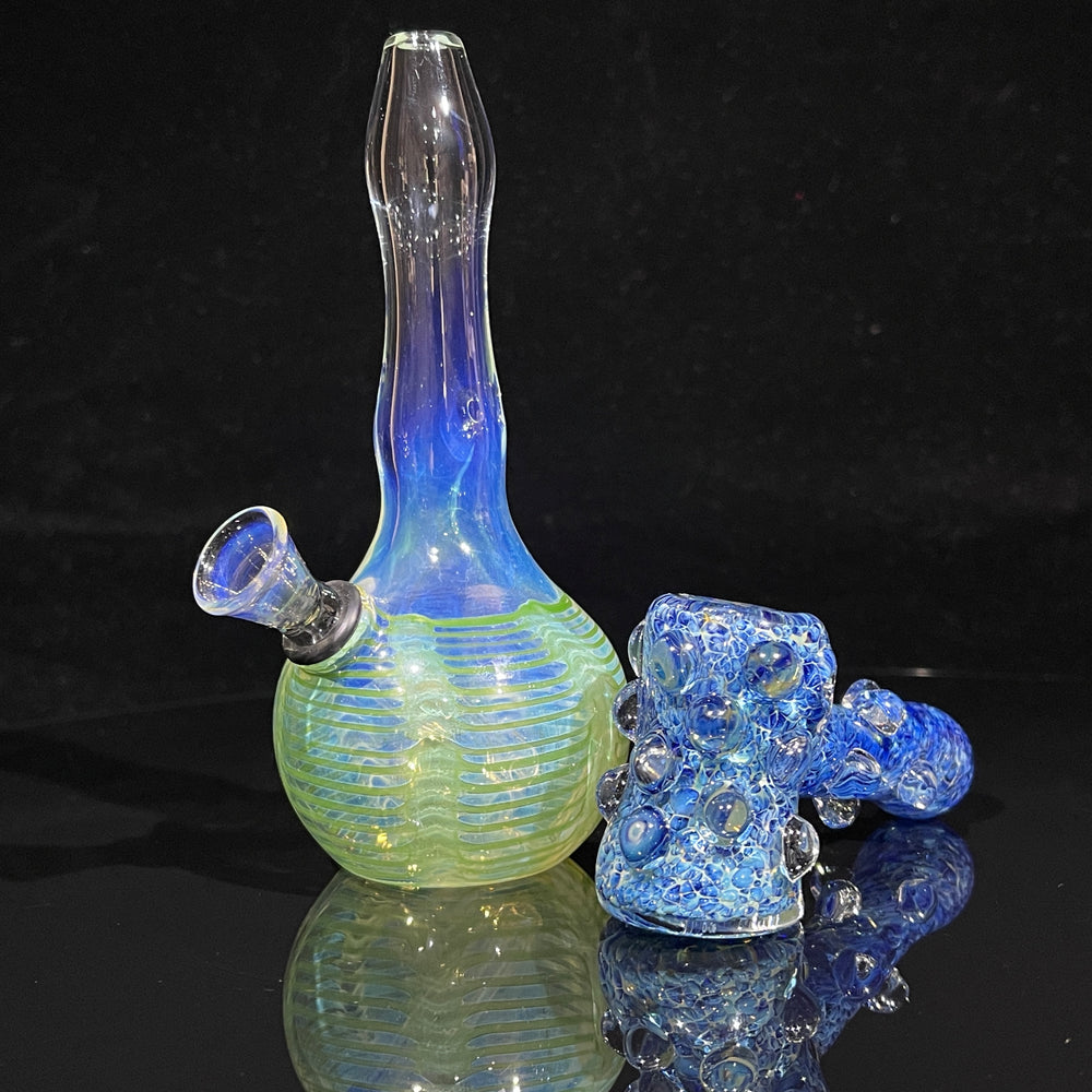 5" Fumed Color Rake Mini Bong + Ocean Blue Marble Hammer Combo Glass Pipe Mary Jane's Glass