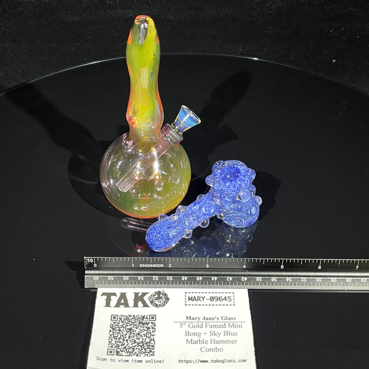 5" Gold Fumed Mini Bong + Sky Blue Marble Hammer Combo Glass Pipe Mary Jane's Glass