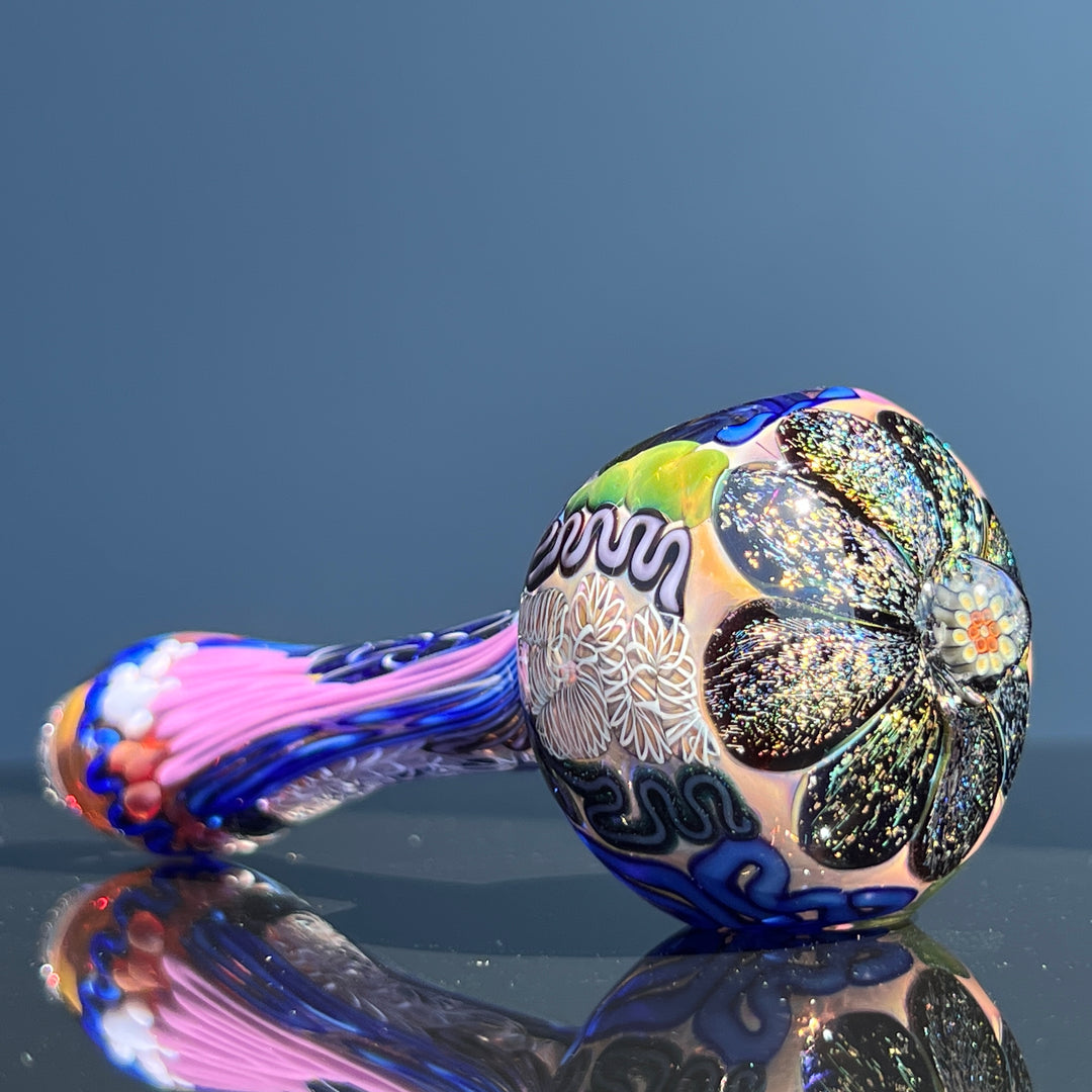 Dichro Flower W/ Milli Inside Out Spoon Glass Pipe Matty White