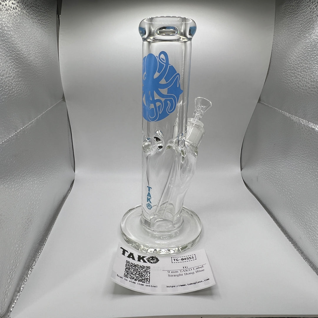 9 mm TAKO Label Straight Bong Blue-10" Glass Pipe TG   