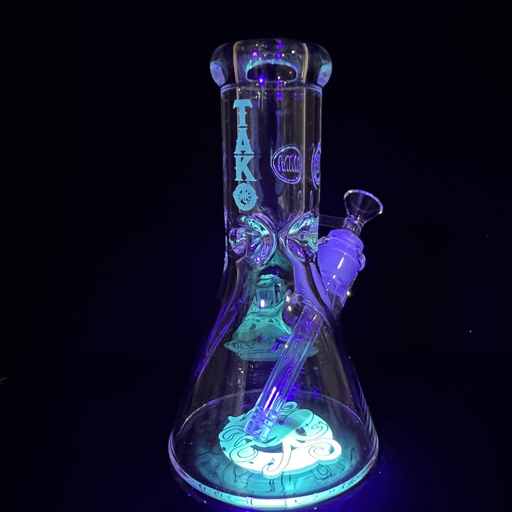 9 mm TAKO Label Beaker Bong Glow in the Dark 8" Glass Pipe TG   