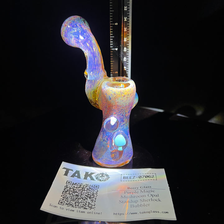 Purple Magic Mushroom Opal Standup Sherlock Bubbler Glass Pipe Beezy Glass   