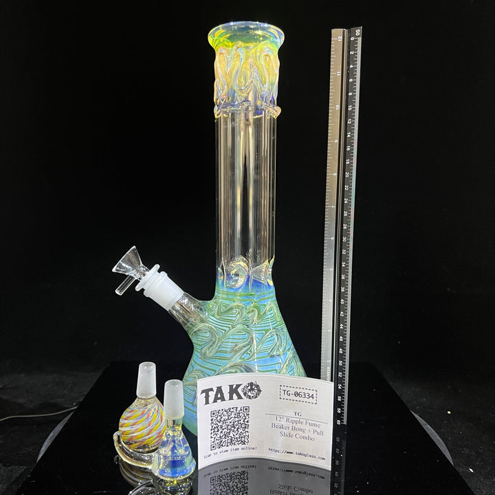 12" Ripple Fume Beaker Bong + Pull Slide Combo Glass Pipe TG   