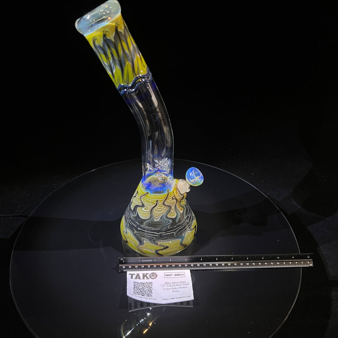15" Fumed Bent Neck Color Rake Beaker Bong Glass Pipe Mary Jane's Glass