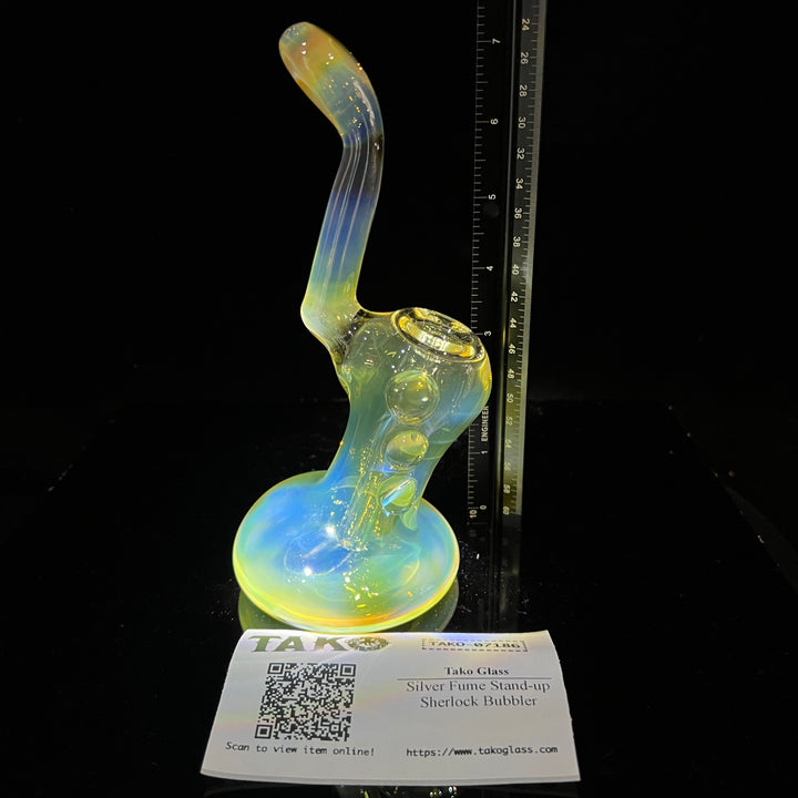 Silver Fume Stand-up Sherlock Bubbler Glass Pipe Tako Glass   