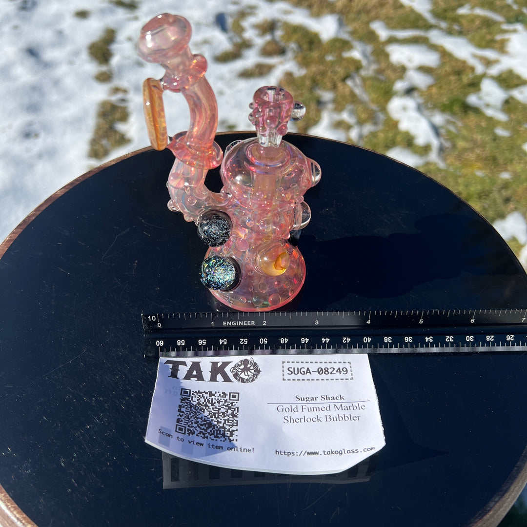 Gold Fumed Marble Sherlock Bubbler Glass Pipe Sugar Shack