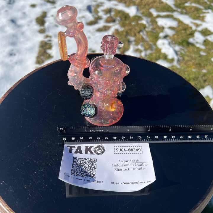 Gold Fumed Marble Sherlock Bubbler Glass Pipe Sugar Shack